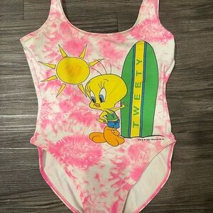 Vintage Tweety Bird Graphic Pink Tie-Dye Swimsuit